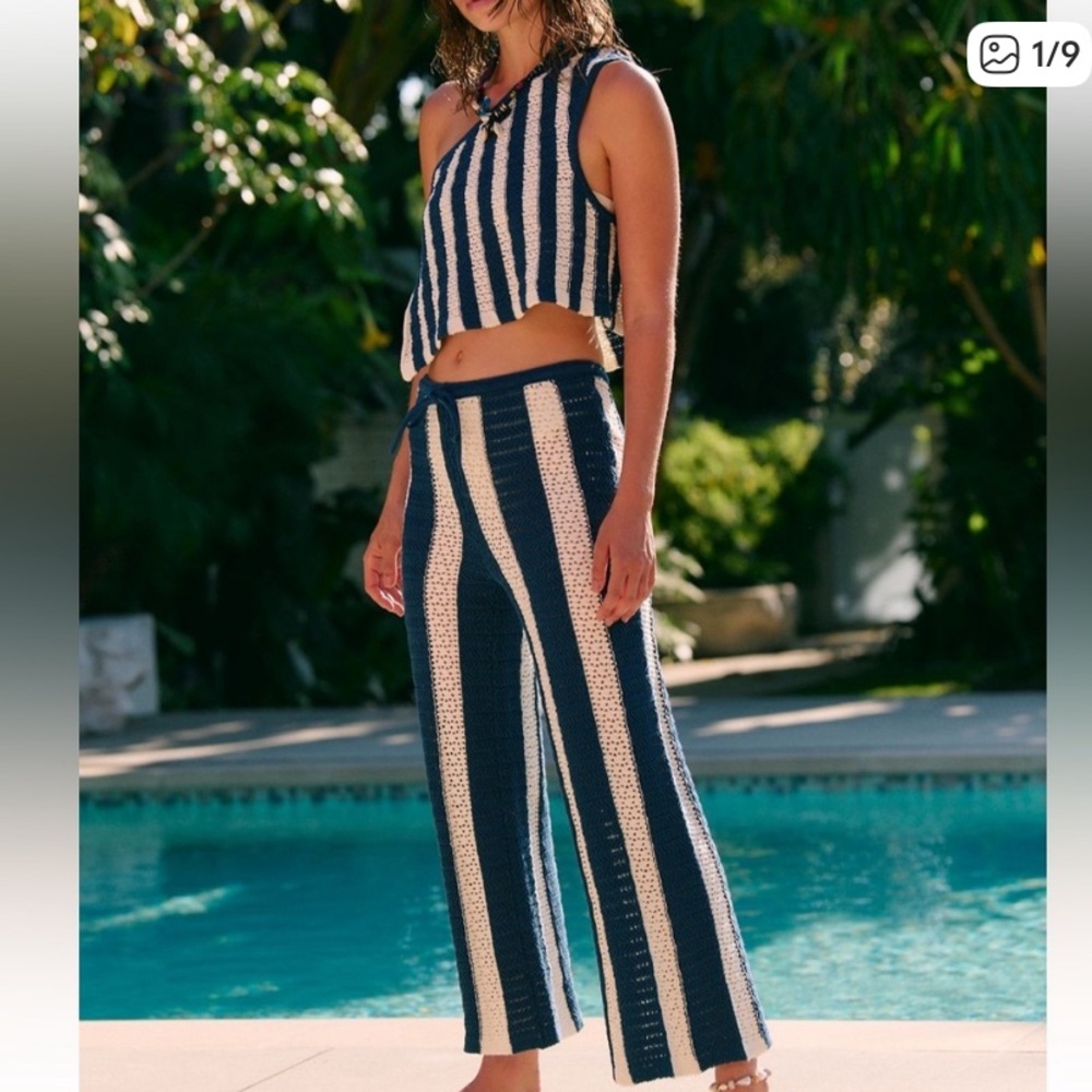 Free-est Free People navy blue white striped Joan faux Chet pants tank set New